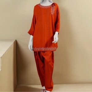 Pakistani Elegant Rust Embroidered Women's 2pc Suit by Junaid Jamshed in Size 12